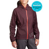 Woman wearing Women's Ultra Jacket V2, burgundy, front view. Image includes an award badge: Women's Health Best Running Jacket 2019